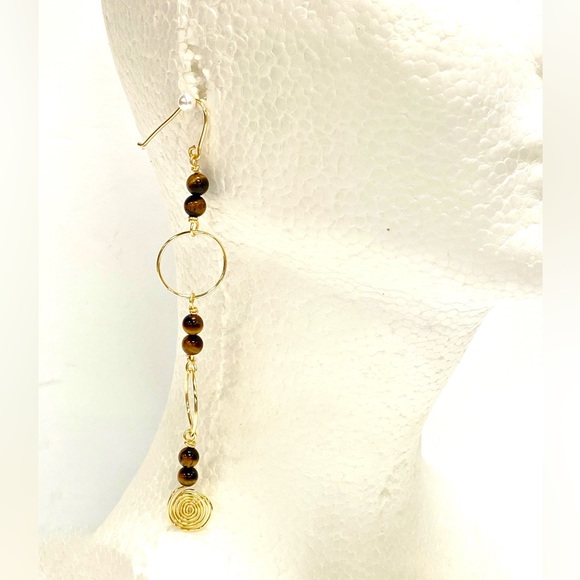 HANDMADE Shoulder Duster Statement Tiger’s Eye Bead Earrings - Picture 3 of 10